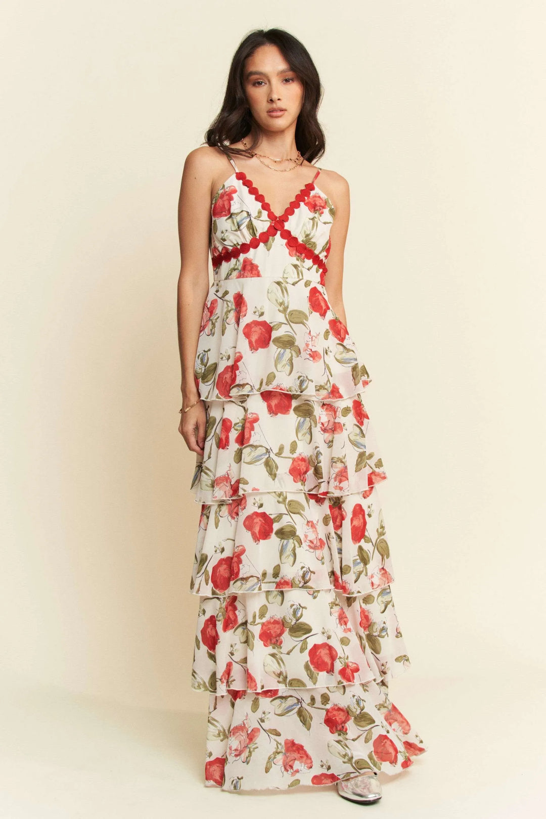 Davi & Dani Contrast Ring Lace Layered Ruffle Maxi Cami Dress IVORY RED Cami Dresses