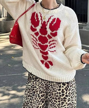 Full Size Lobster Contrast Trim Round Neck Sweater Plus Size | Sweaters Daverri Fashions