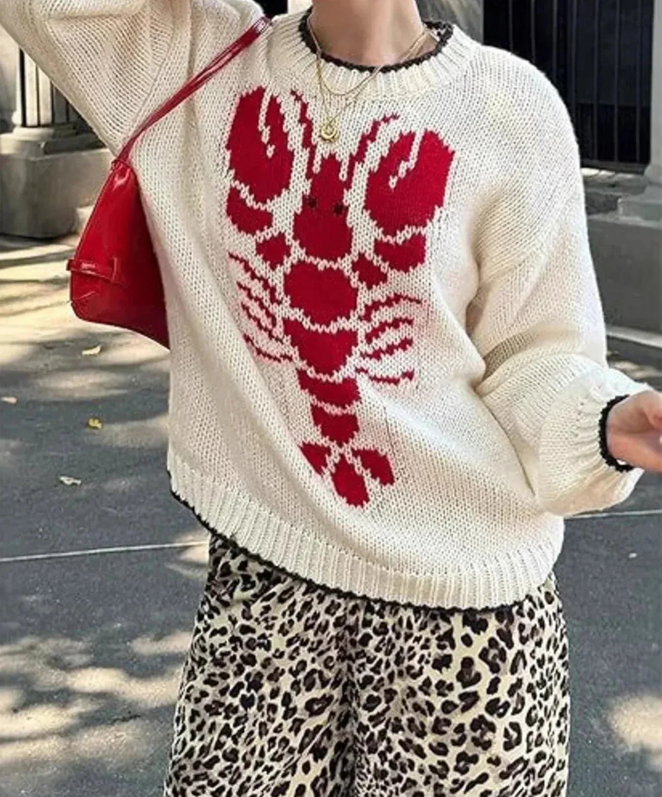 Full Size Lobster Contrast Trim Round Neck Sweater Plus Size - DAVERRI FASHIONS