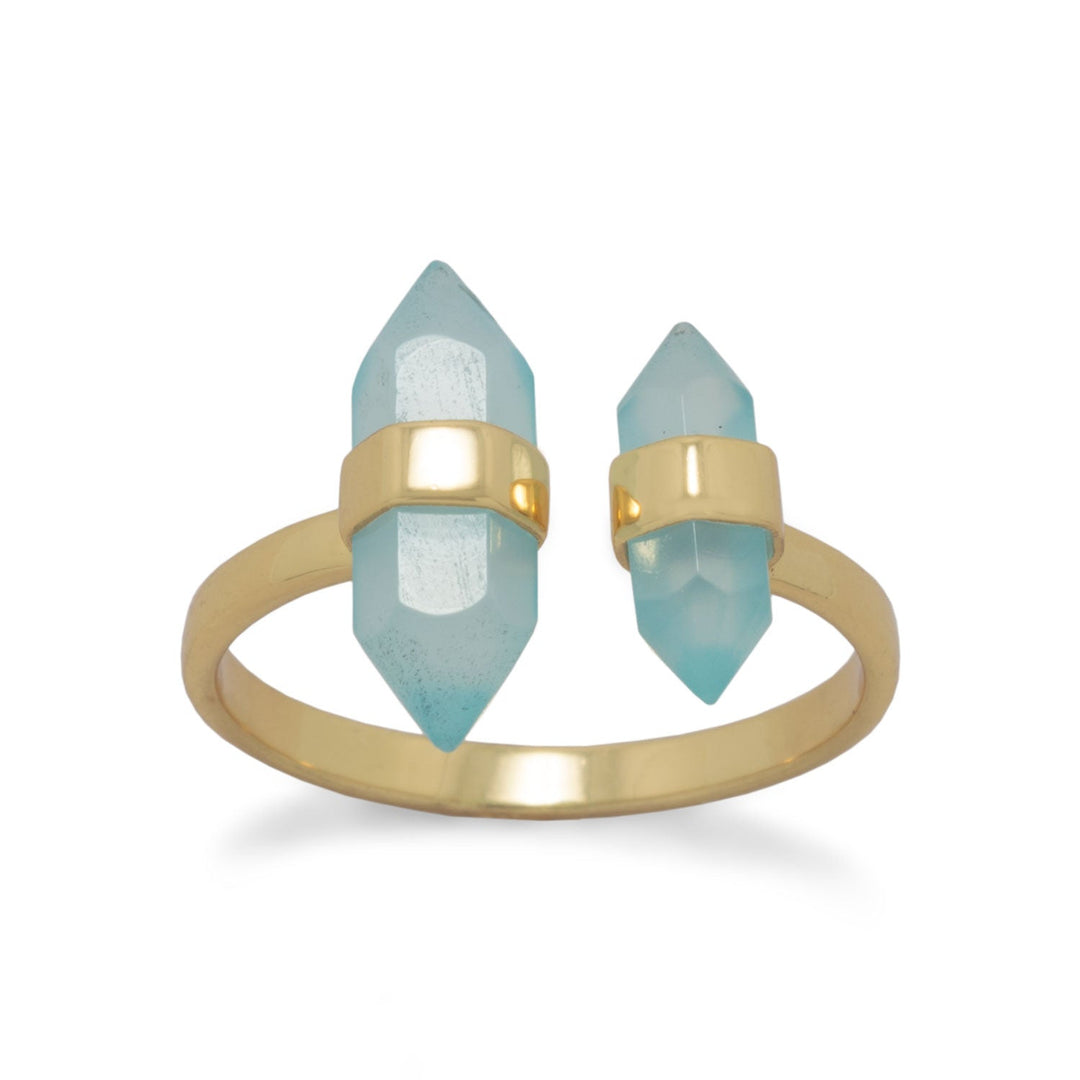 14 Karat Gold Plated Spike Pencil Cut Aqua Chalcedony Split Ring 9 Rings