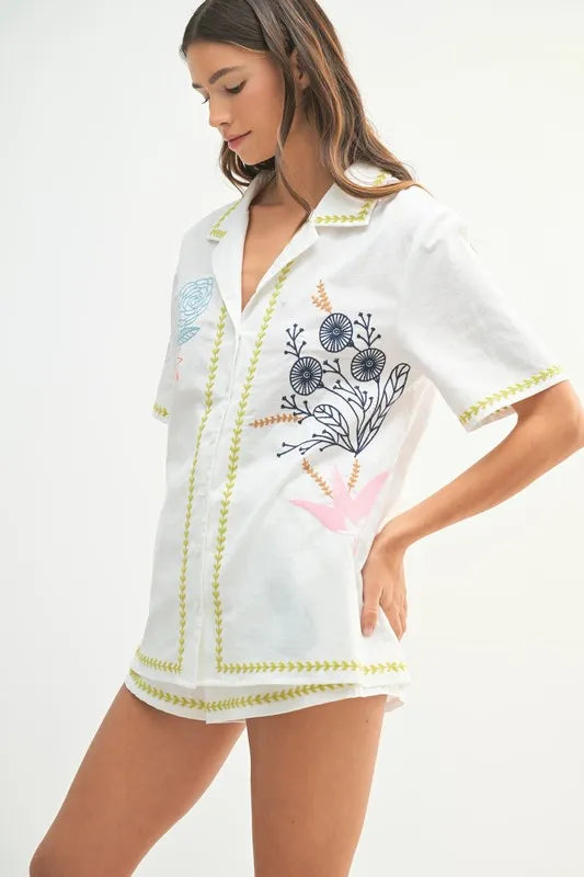 MABLE Embroidered Button Down Shirt and Shorts Set Outfit Sets