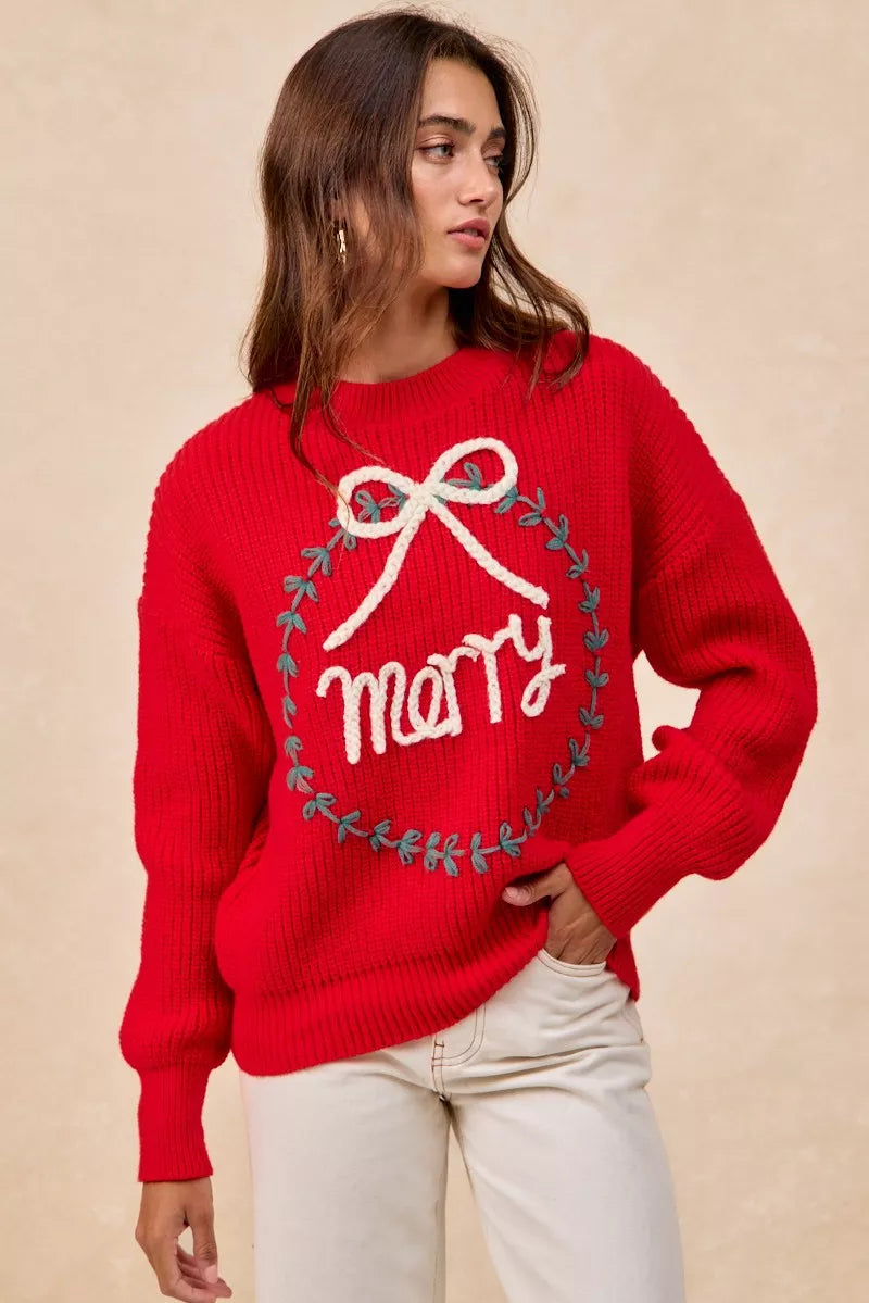BiBi Christmas Wreath Merry Letter Knit Top | Knit Tops Daverri Fashions