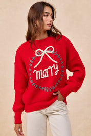 BiBi Christmas Wreath Merry Letter Knit Top | Knit Tops Daverri Fashions