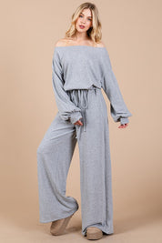 Ces Femme Boat Neck Long Sleeve Drawstring Jumpsuit