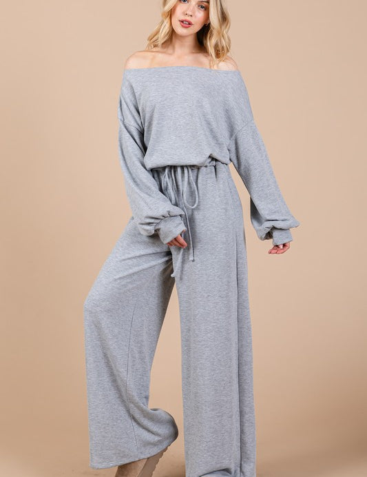 Ces Femme Boat Neck Long Sleeve Drawstring Jumpsuit