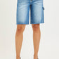 RISEN High Rise Bermuda denim shorts in medium blue wash with frayed hems