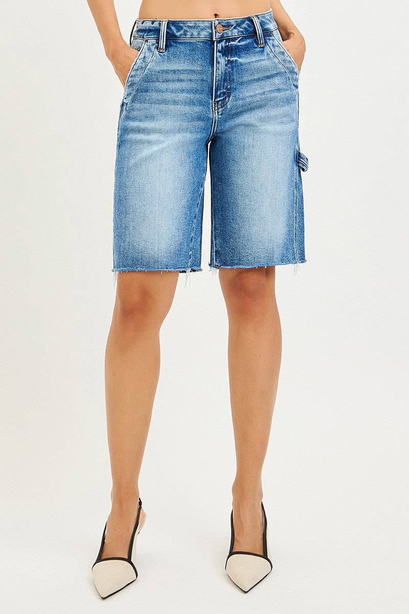 RISEN High Rise Bermuda denim shorts in medium blue wash with frayed hems