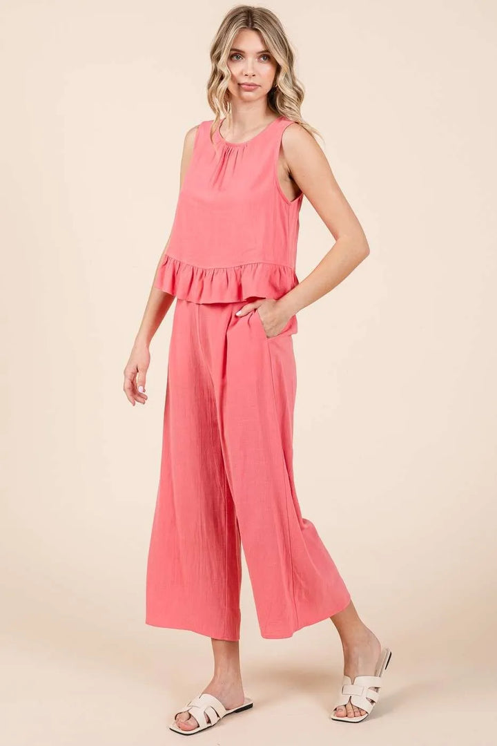 Mittoshop Linen Ruffle Tank Top and Pants Set Outfit Sets