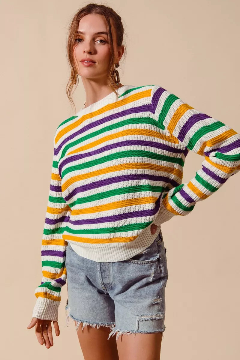 Vibrant SO ME Mardi Gras Color Stripe Knit Sweater Top with bold horizontal stripes in green, purple, yellow, and white