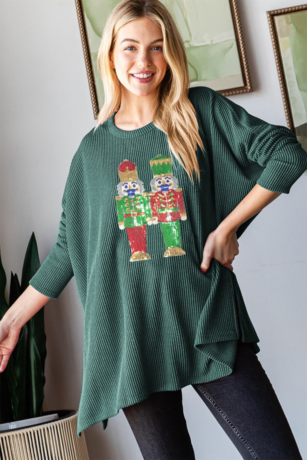 Heimish Sequin Nutcracker Long Sleeve Ribbed Top Hunter Green