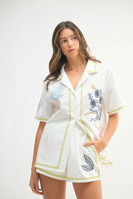 MABLE Embroidered Button Down Shirt and Shorts Set Outfit Sets