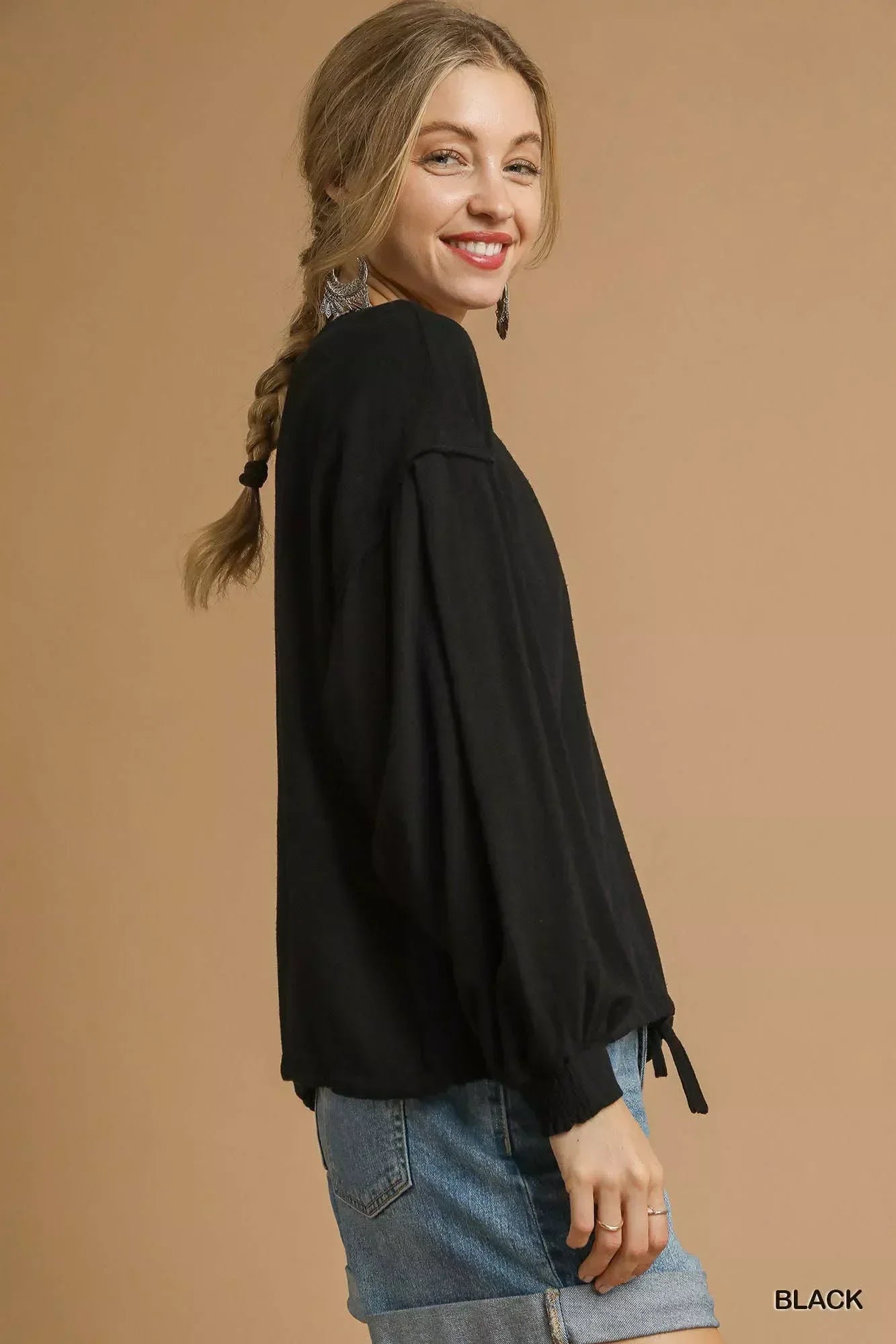 Umgee Full Size Linen Long Sleeve Top with Drawstring Plus Size - DAVERRI FASHIONS