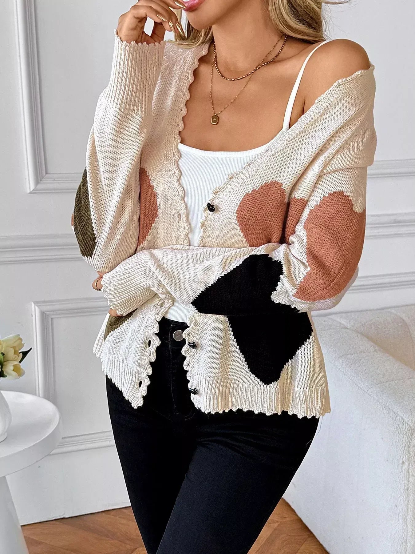 Heart Pattern Button-Up Cardigan - DAVERRI FASHIONS