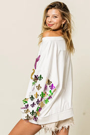 BiBi Fleur De Lis Sleeve Mardi Gras Pullover | Daverri Fashions