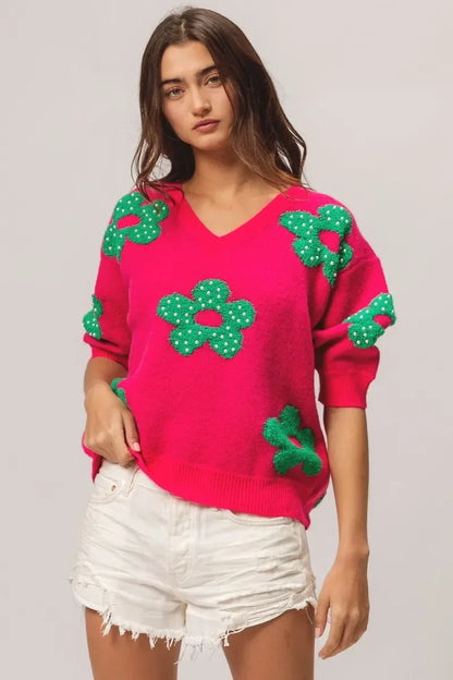 BiBi Pearl Beads Flowers Sweater Top - DAVERRI FASHIONS