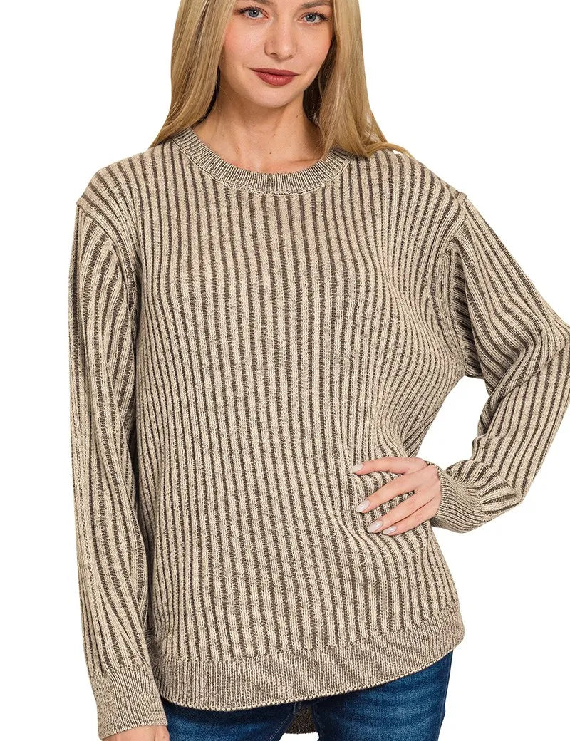 BROWN Zenana Curved Hem Two-Tone Ribbed Sweater | Sweaters Daverri Fashions