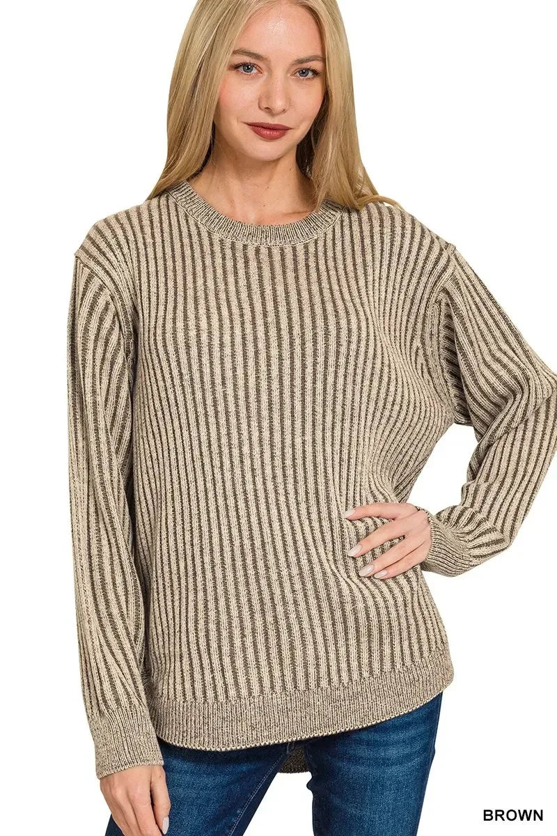 Zenana Curved Hem Two-Tone Ribbed Sweater - DAVERRI FASHIONS