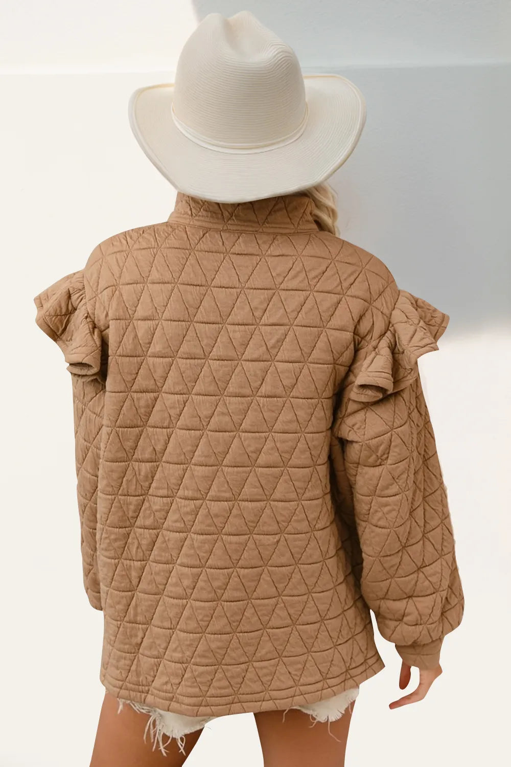 Double Take Ruffled Texture Half Zip Long Sleeve Sweatshirt | Sweatshirts Daverri Fashions