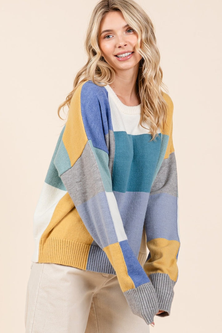 Round Neck Color Block Sweater Tops