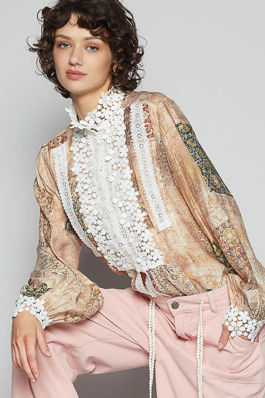 POL Lace Detail Printed Button Down Shirt Mocha Multicolor M