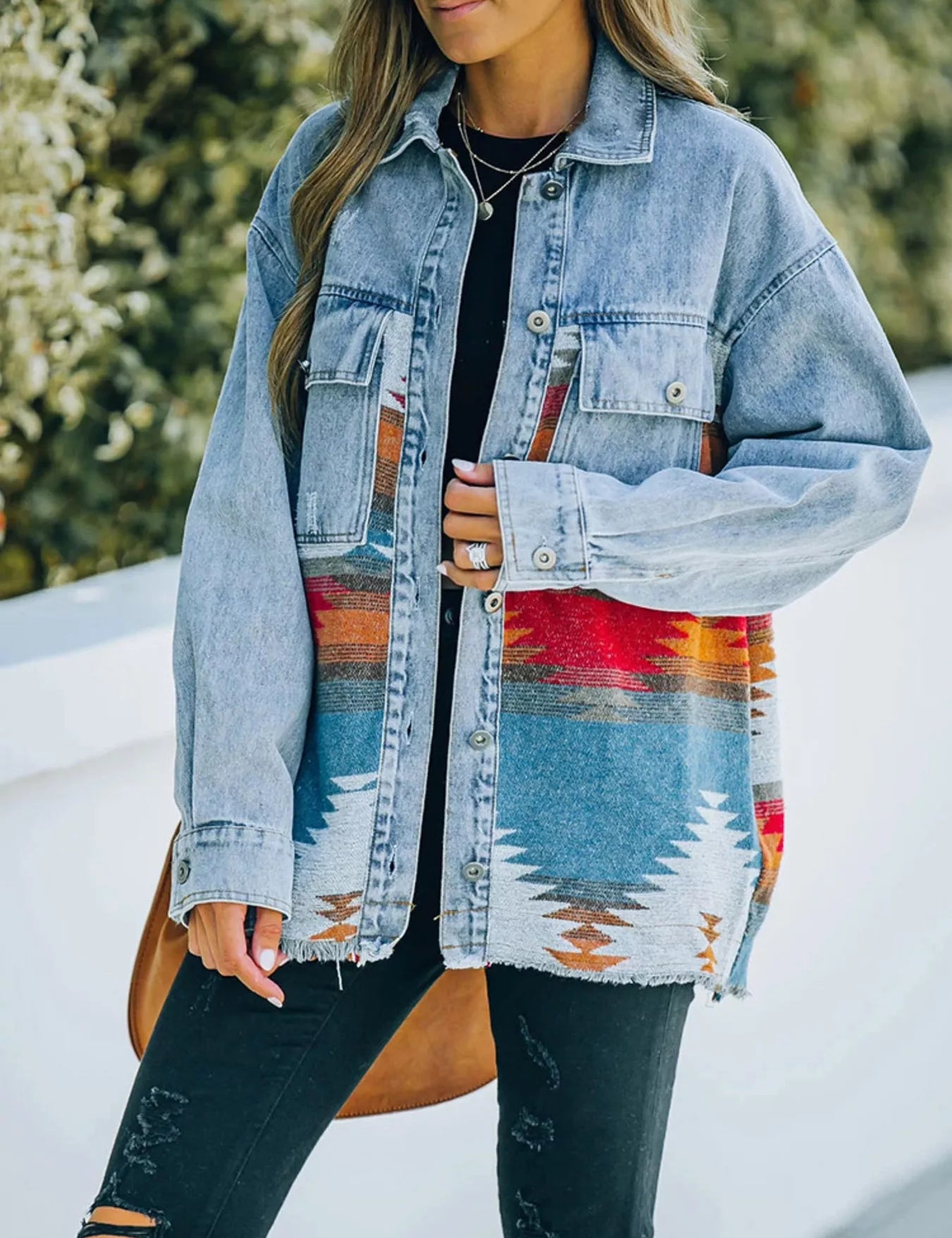 Printed Botton Down Long Sleeve Denim Jacket | Denim Jackets Daverri Fashions