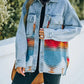 Printed Botton Down Long Sleeve Denim Jacket - DAVERRI FASHIONS