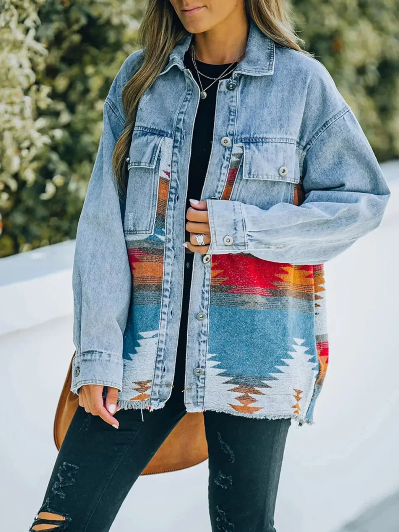 Printed Botton Down Long Sleeve Denim Jacket - DAVERRI FASHIONS