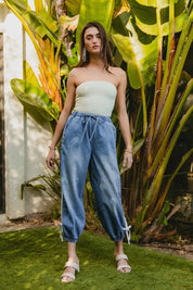 BiBi Striped Tape Details With Bot Tied Point Elastic Waist Jeans | Jeans Daverri Fashions