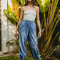 BiBi Striped Tape Details With Bot Tied Point Elastic Waist Jeans Jeans