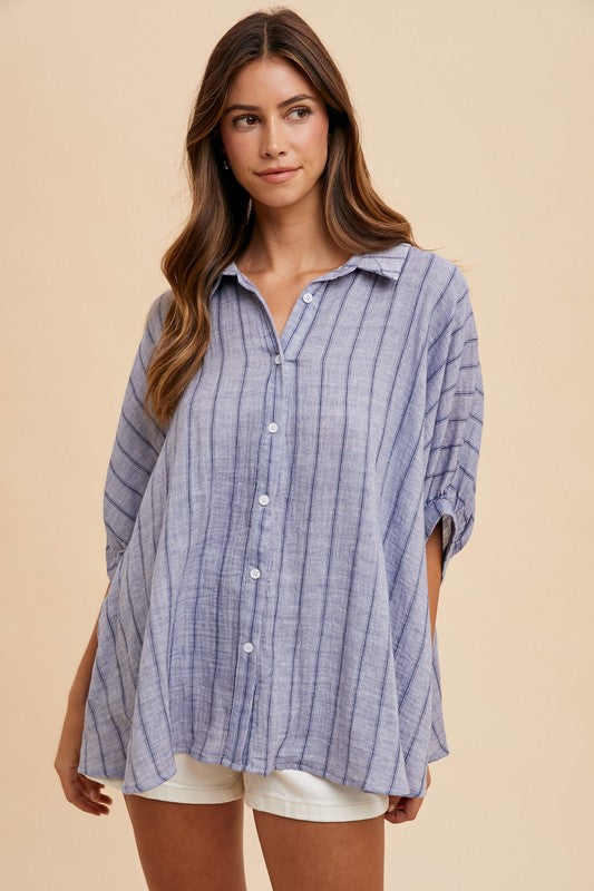 Annie Wear Striped Button Up Half Sleeve Shirt Tops