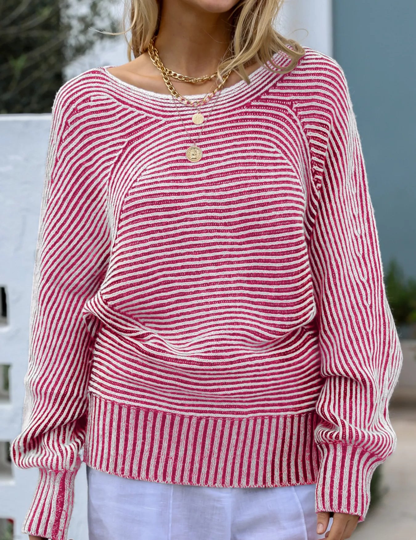 Pink Striped Boat Neck Casual Sweater | Sweaters Daverri Fashions