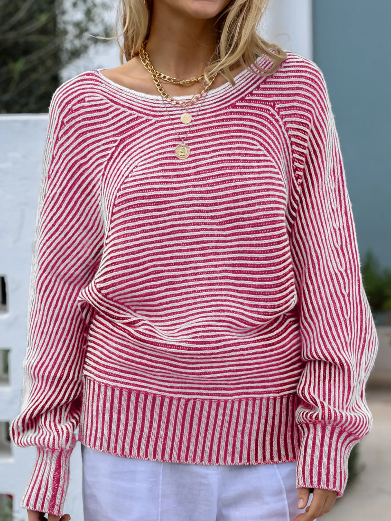 Pink Striped Boat Neck Casual Sweater | Sweaters Daverri Fashions