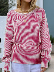 Pink Striped Boat Neck Casual Sweater | Sweaters Daverri Fashions