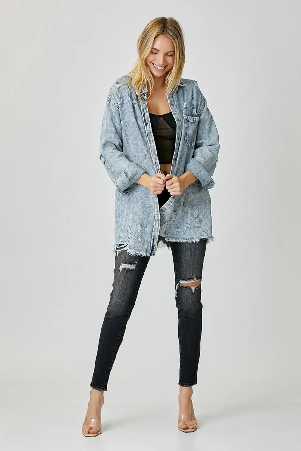 RISEN Distressed Raw Hem Denim Shirt | Shirts Daverri Fashions