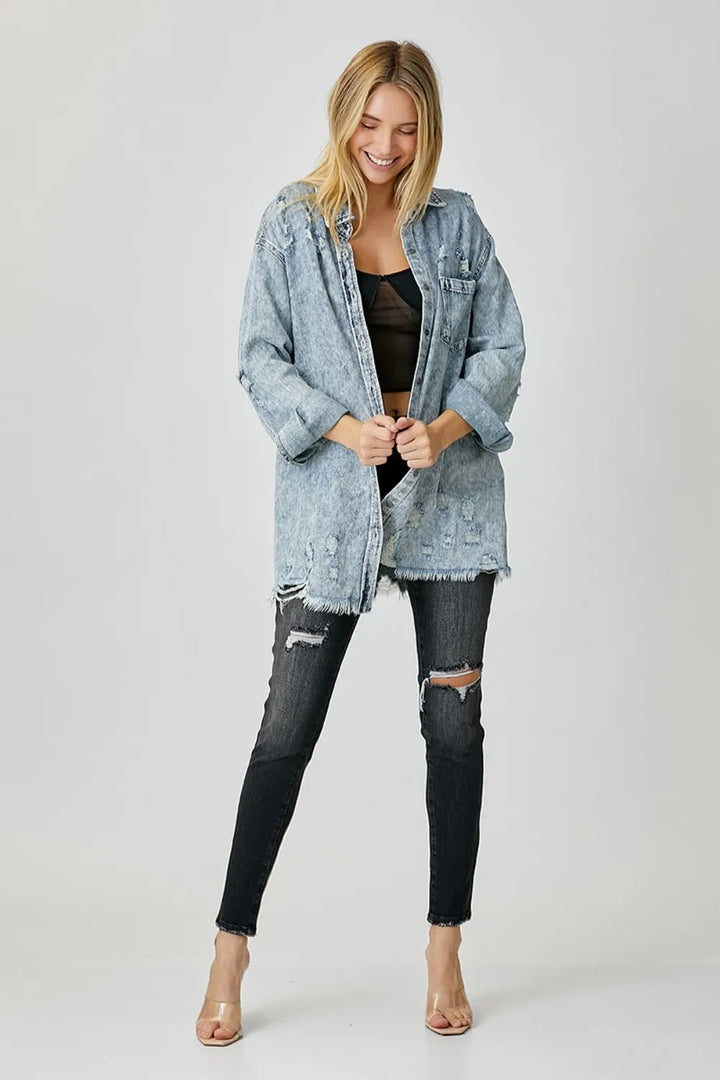 RISEN Distressed Raw Hem Denim Shirt | Shirts Daverri Fashions