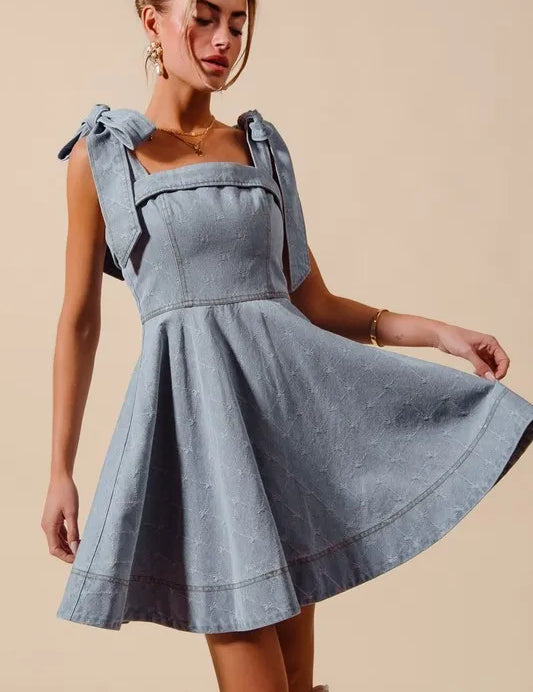 LT DENIM SO ME A Line Fit and Flare Diamond Bow Ribbon Denim Dres | Mini Dresses Daverri Fashions