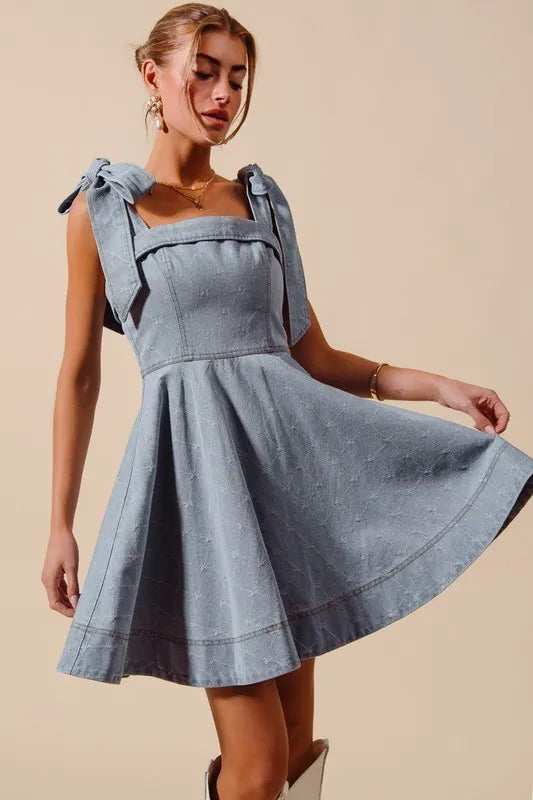 SO ME A Line Fit and Flare Diamond Bow Ribbon Denim Dres LT DENIM Mini Dresses