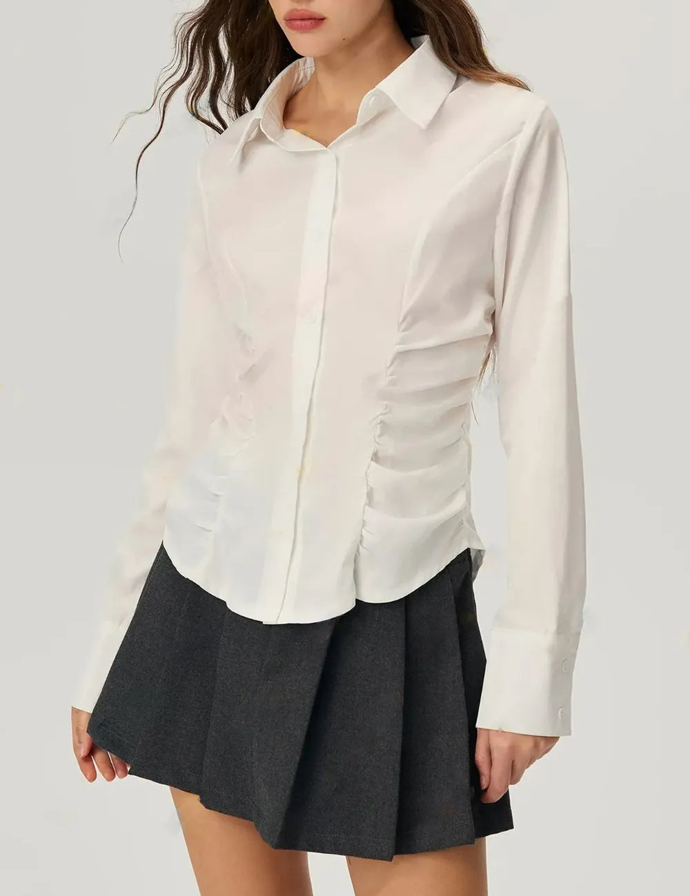 White Ruched Button Down Long Sleeve Shirt | Shirts Daverri Fashions