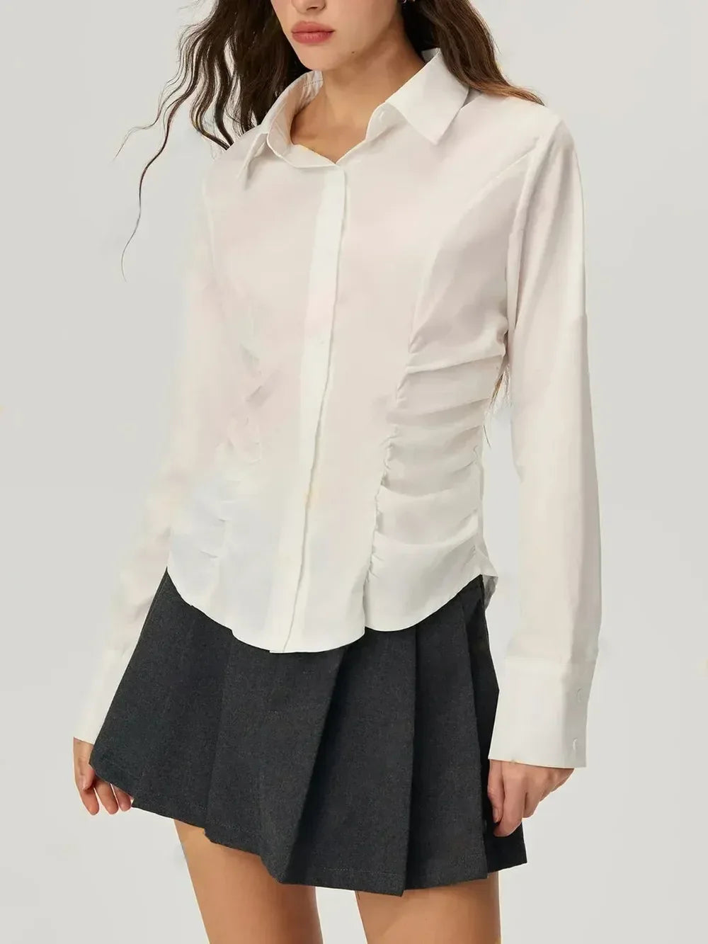 Ruched Button Down Long Sleeve Shirt - DAVERRI FASHIONS