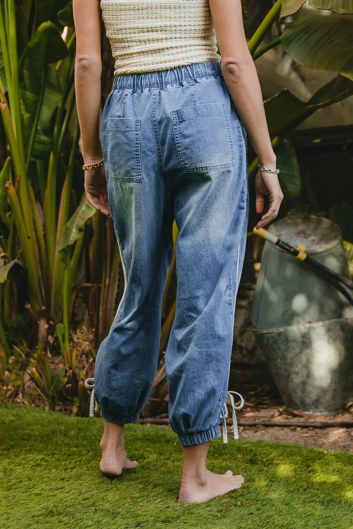 BiBi Striped Tape Details With Bot Tied Point Elastic Waist Jeans Jeans