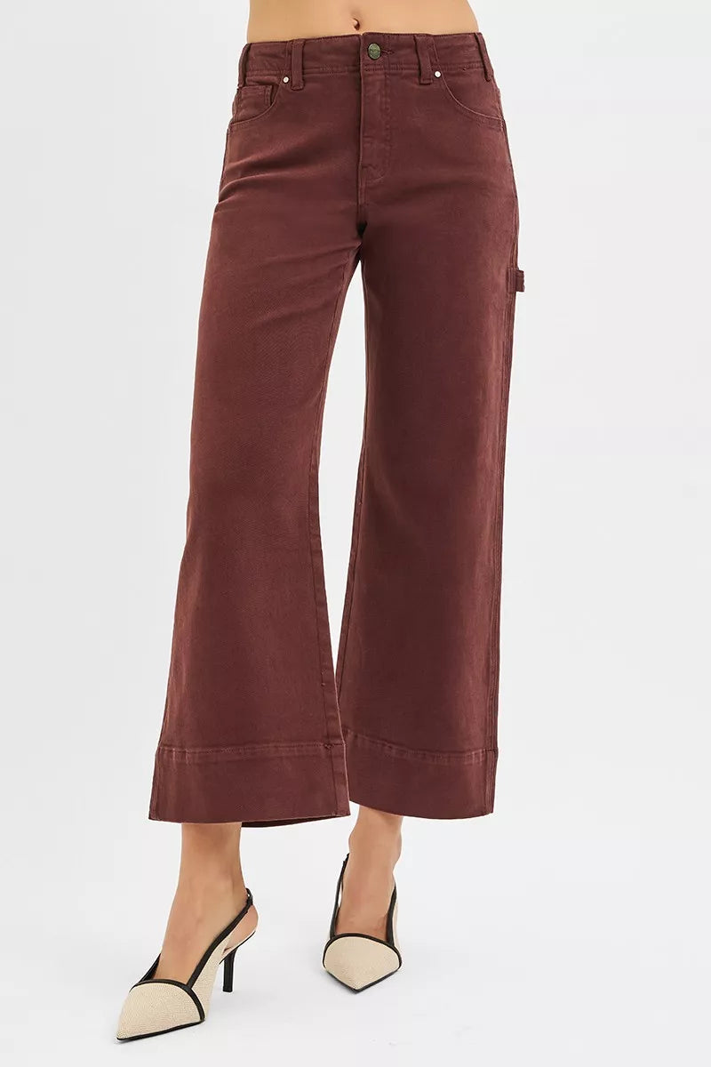 Burgundy RISEN tummy control high-rise crop wide-leg pants with cargo pockets