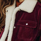 Daverri Sherpa Collar Corduroy Button-Up Jacket in burgundy with white shearling collar