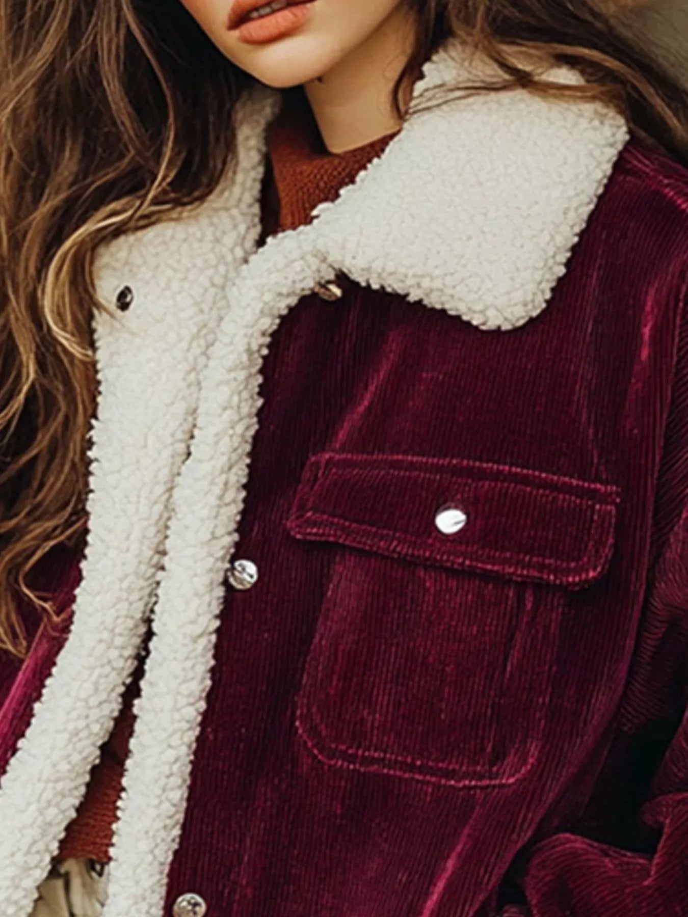 Daverri Sherpa Collar Corduroy Button-Up Jacket in burgundy with white shearling collar