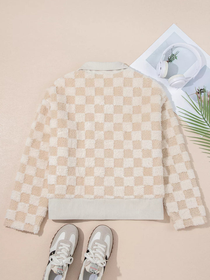 Checker Sherpa Corduroy Patchwork Zip Up Jacket | Jackets Daverri Fashions
