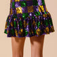 SO ME Mardi Gras Checker Sequins Mini Skirt with purple, green, gold sequins