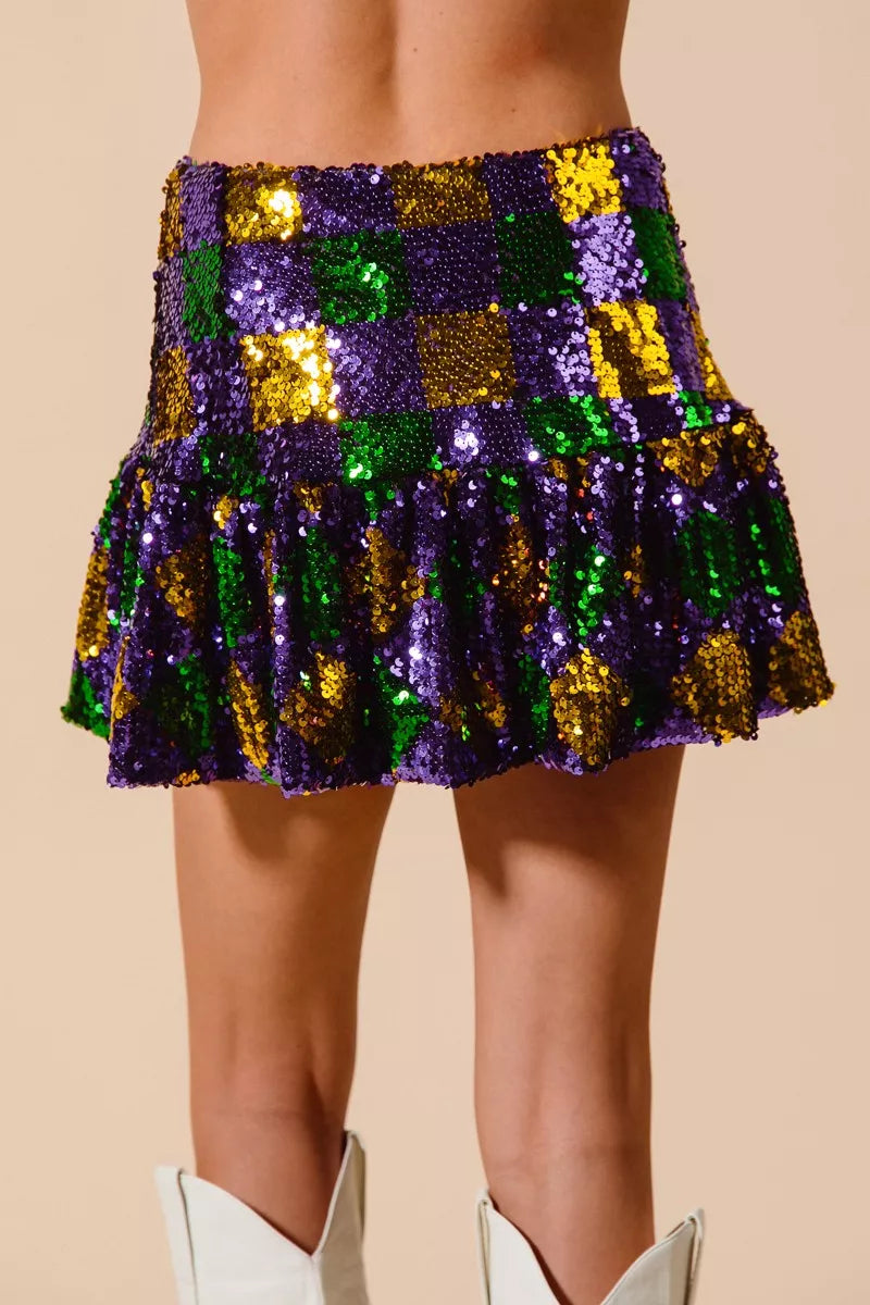 SO ME Mardi Gras Checker Sequins Mini Skirt with purple, green, gold sequins