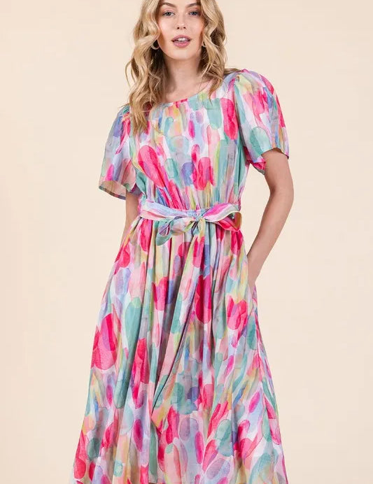 PINK COMBO Lime 'N' Chili Watercolor Print Tie Front Midi Dress | Daverri Fashions