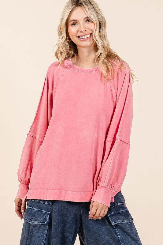 GRAPEFRUIT Mittoshop Mineral Wash Raglan Long Sleeve Oversized Top | Tops Daverri Fashions