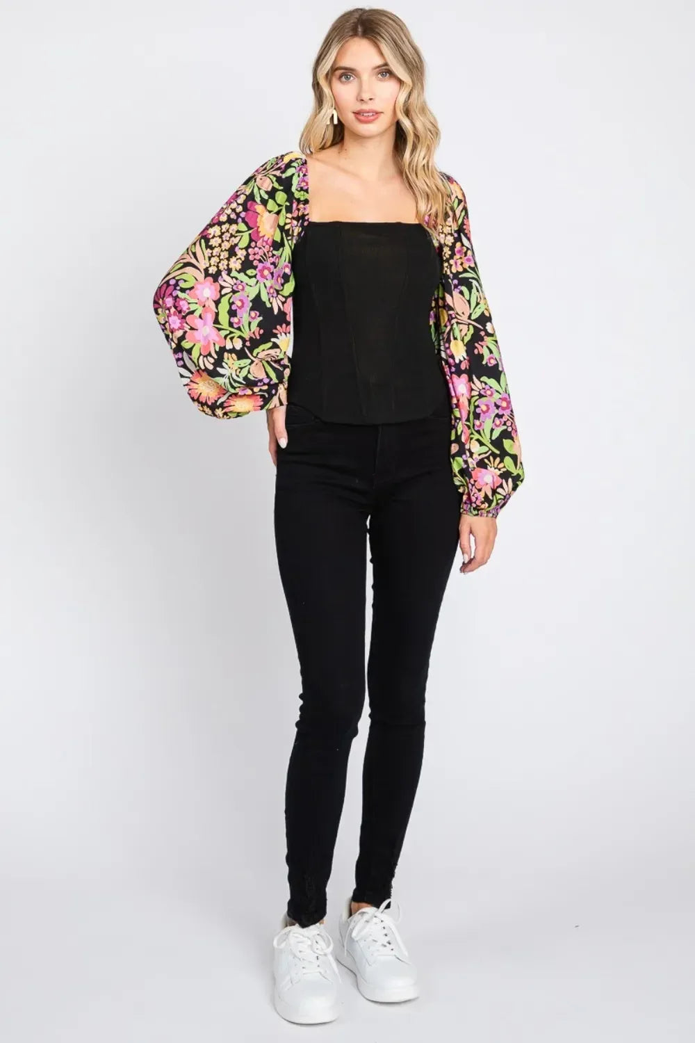 ODDI Full Size Floral Balloon Sleeve Blouse - DAVERRI FASHIONS