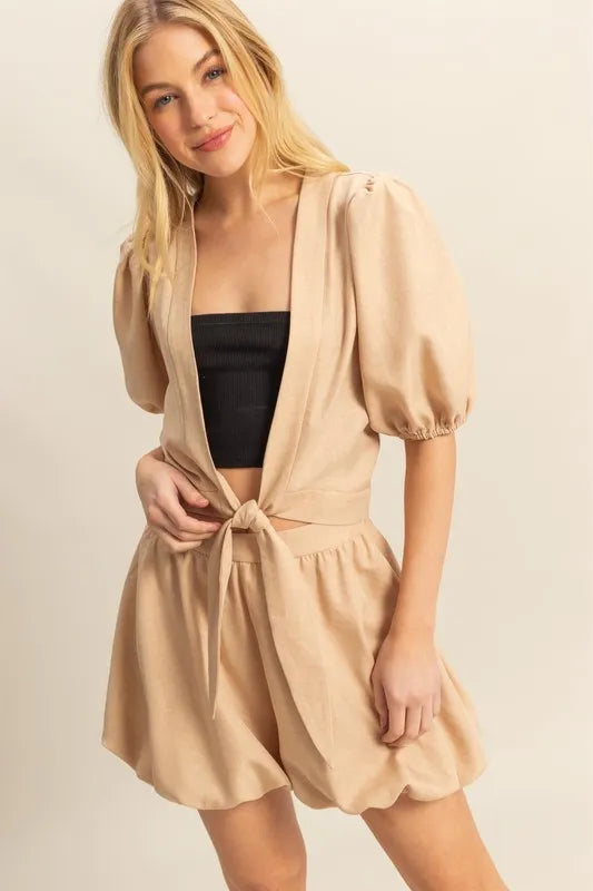 HYFVE Front Tie Top and Bubble Hem Shorts TAUPE